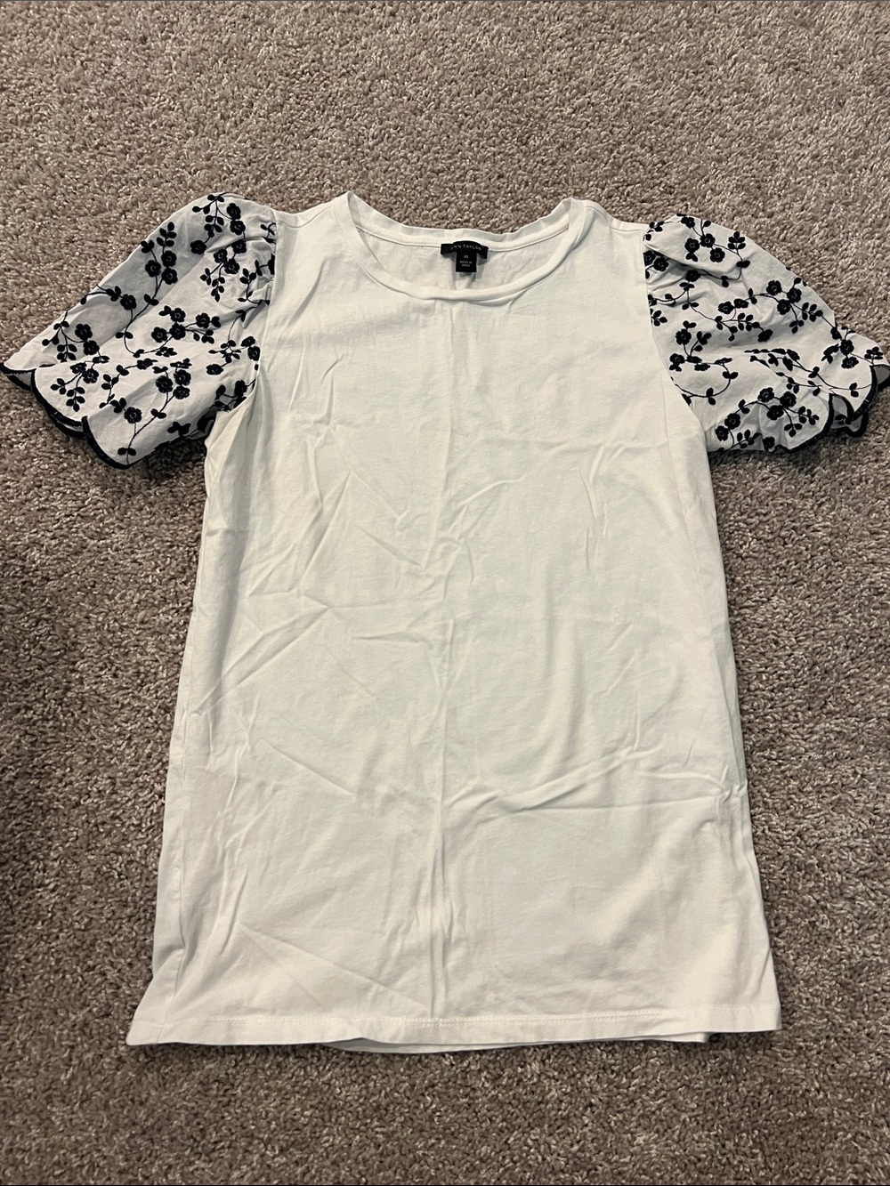 Ann Taylor White Tee with Black Floral Puff Sleeves